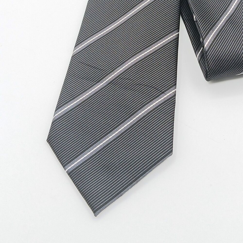 Van Heusen Repp Tie Mens 59.5” Charcoal Gray Ribbon Stripe Designer Skinny New